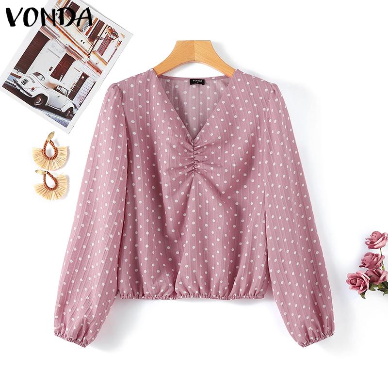 

VONDA Женская повседневная свободная блузка с v-образным вырезом и длинным рукавом в горошек M розовый