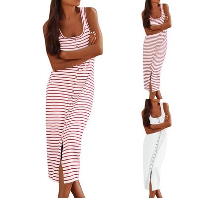 Damen Casual Ärmellos Gestreiftes Tank Midikleider Mode U-Ausschnitt Sommerkleid