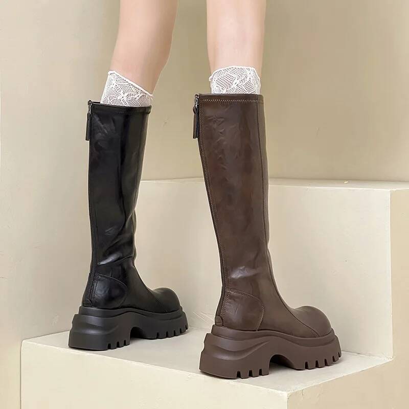 Leather Boots Women'S Stylish Camel Tone Boots Autumn Winter Retro Versatile Round Toe Thick Soled Slip On Knee High Boots