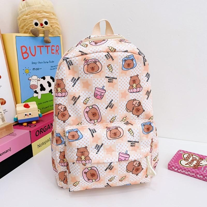 Capybara Cute Pudding Milk Tea Checkered Cartoon Pattern Children Backpack