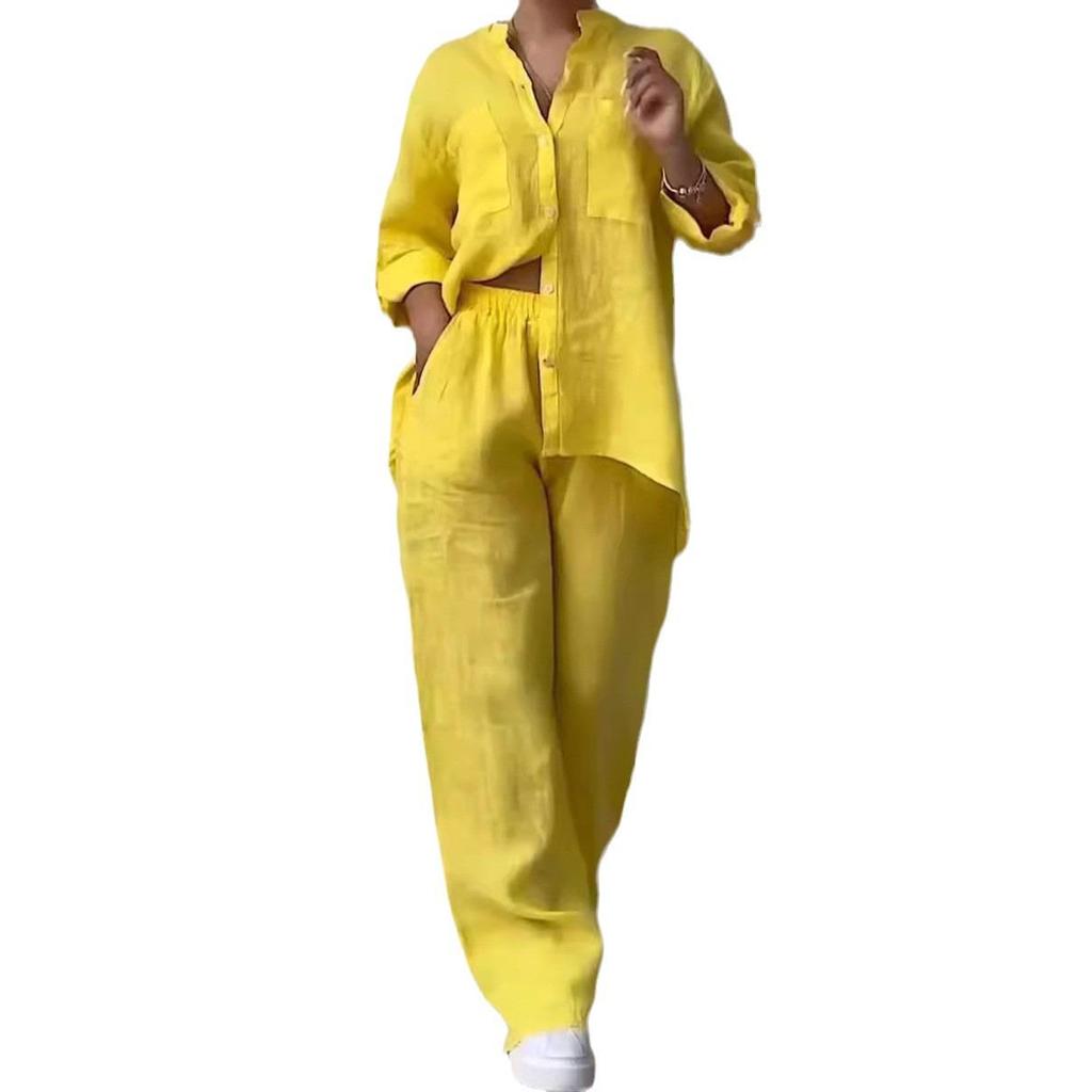 GD2024 European-American Casual Cotton Linen Shirt & Drawstring Wide-Leg Pants Set