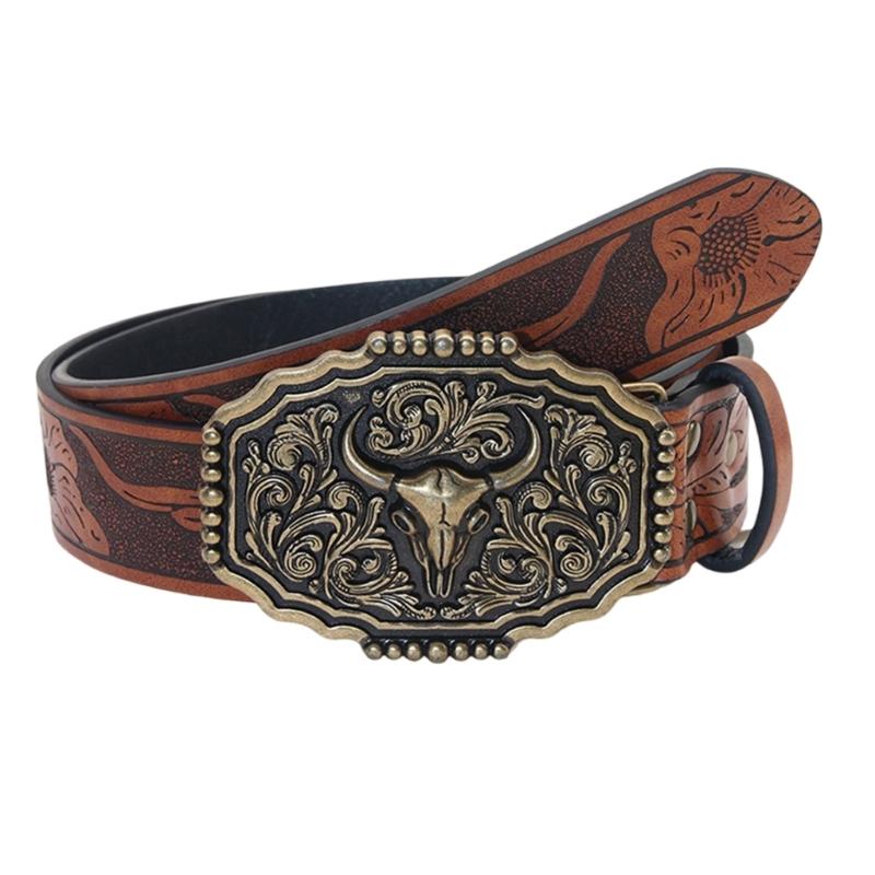 Embossed Pattern Wasitband Adjustable Belt For Daily Use And Outdoor Activity with Metal Bull Head Buckles for Men Women