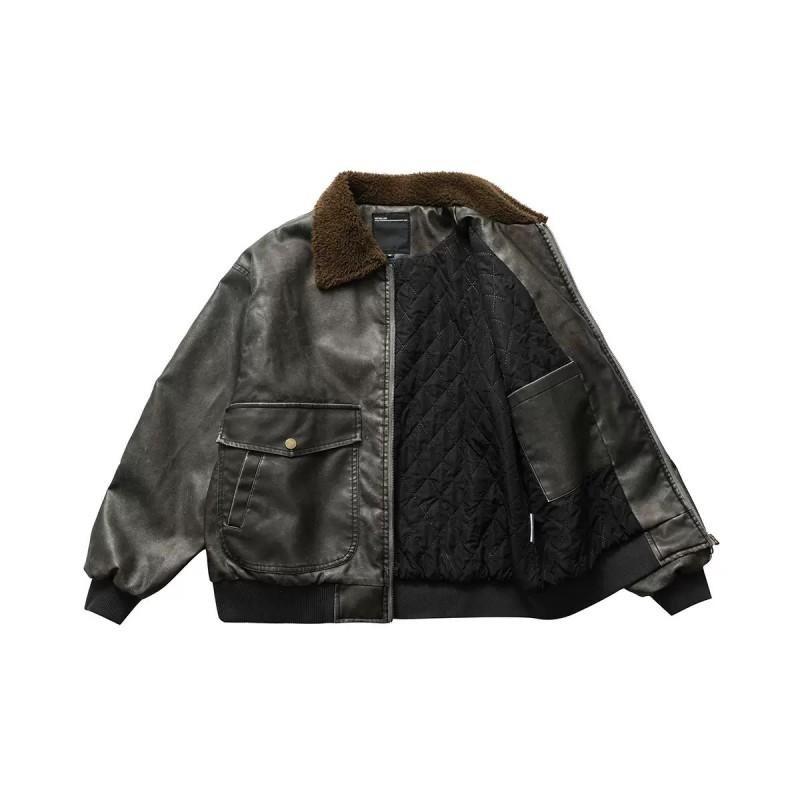 Mens Winter Faux Leather Fleece Collar Loose Washed Cotton Coat Casual Thick Warm Jacket