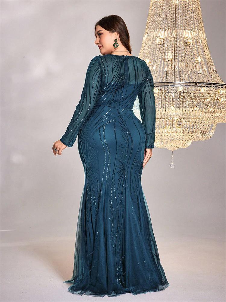 Plus Size Sequined Mermaid Bridesmaid Gown - Elegant Slim Fit with Round Neck for Evening or Banquet