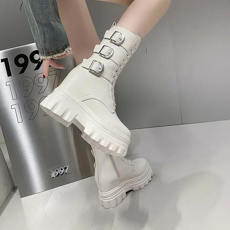 Fashion Womens Mid-calf Boots Fashion Motorcycle Boots High Quality Casual Leather Booties 12cm Height Increase Platform Boots for Women