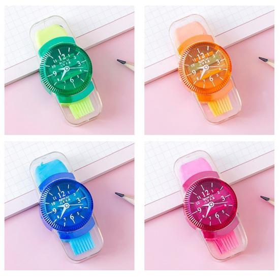 6Pcs Student Pencil Sharpener 3 In 1 Watch Shape Random Colors Pencil Cutter with Reel Eraser Brush