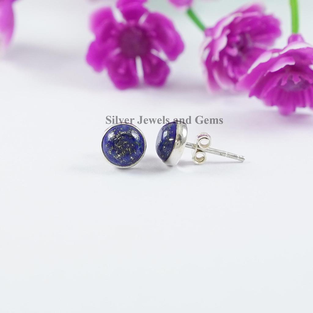 Lapis Lazuli Stud Earring, 925 Sterling Silver Earring, Tiny Round Stud Earring, Birthday Earring, Handmade Jewelry, Minimalist Earring