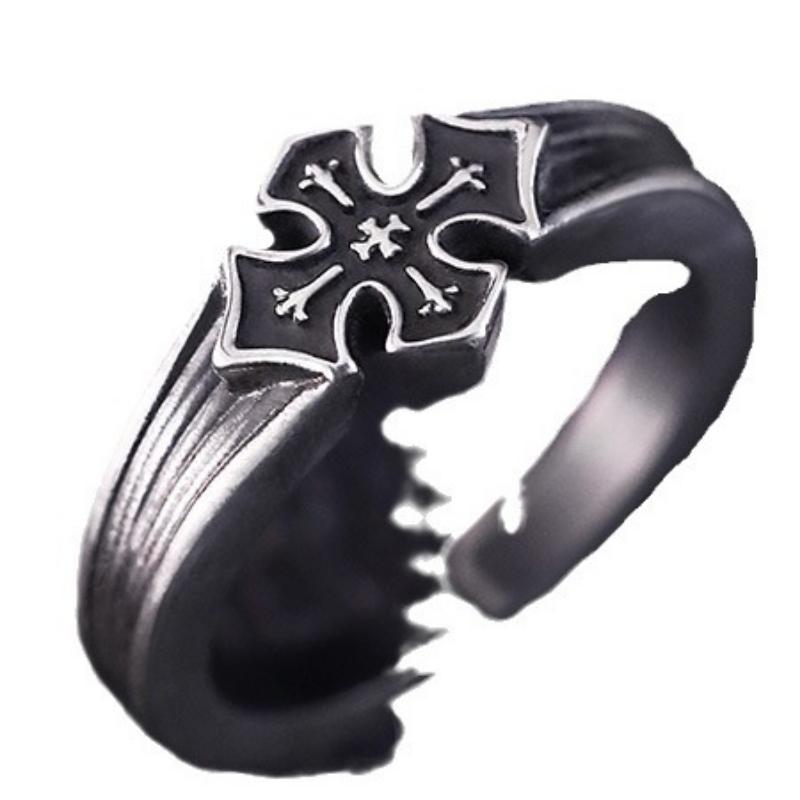 Pánský prsten s křížovou plaketou, Evropský a americký retro všestranný trendy prsten s otevřeným koncem