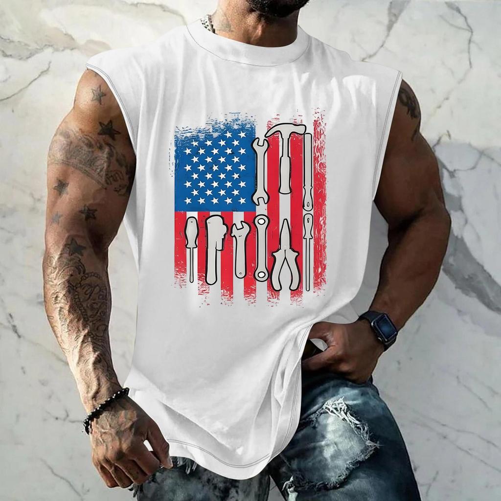 Men's Loose Fit Sleeveless Tank Top Casual Sportswear Muscle Shirt with Tool Print Graphic for Labor Day Outdoor Activities