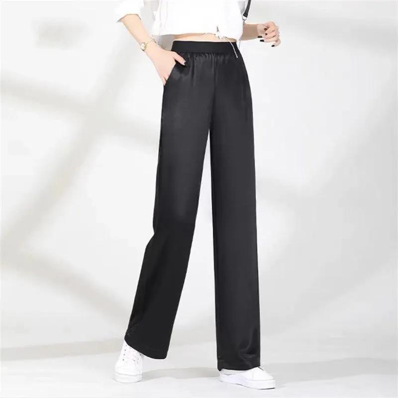 Women's High Waist Elastic Waist Satin Wide Leg Pants
