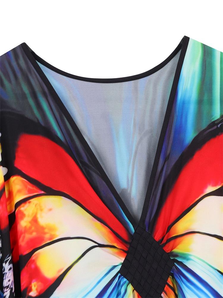 EDOLYNSA 2024 Plus Size Colorful Butterfly Printed Hand-knit V Neck Casual Kaftan Women House Dress Summer Beachwear Swimsuit Cover Up Q1634