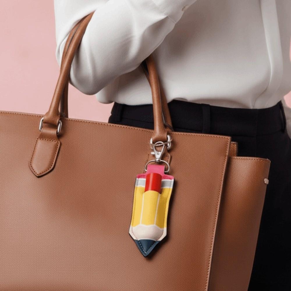 Pencil Shape Chapstick Key Chain Pouch PU Leather Pencil Shape Key Ring  Birthday Gifts