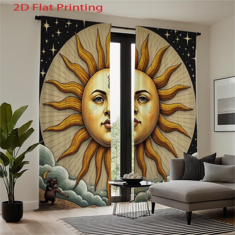 Mythical Sun Curtains 2pcs – Golden Sun Face with Stars & Clouds, Astrology Inspired Decor for Bedroom and Living Room