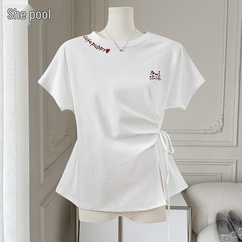 Women s Tie-Slit Ruched Waist T-Shirt S белый