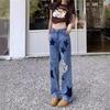 Women's High Waist Star Print Ripped Jeans - Slimming Loose Straight Wide Leg for Spring/Summer 2025