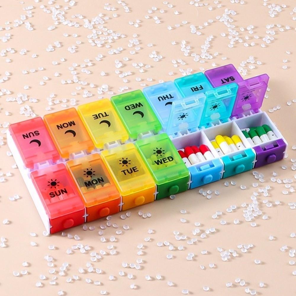 Portable Button-Press Lid Pill Box Weekly Travel Pill Cases Box 14 Grids Pills Container  Men/Women