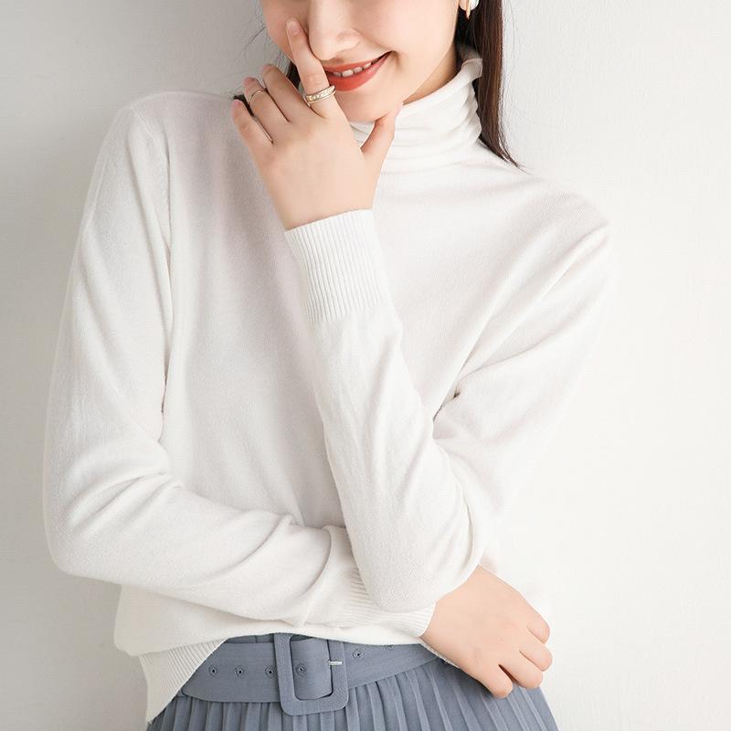Осень и зима новая женская модная нижняя рубашка водолазка пуловер тонкий однотонный вязаный свитер S белый 1597₽