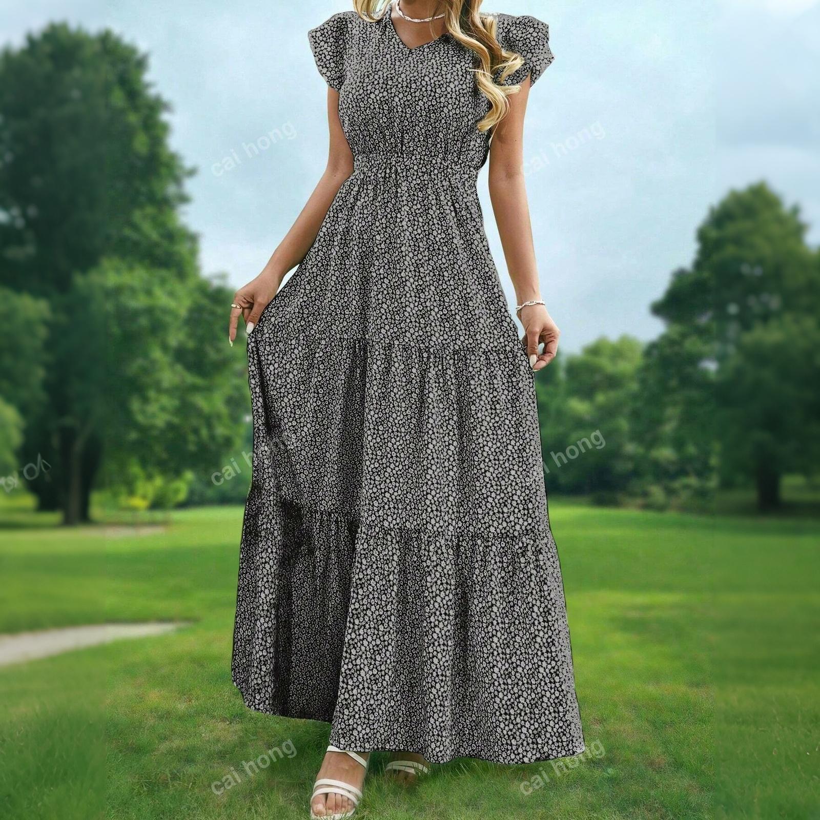 

Women s V Neck High Waist Floral Print Layered Short Sleeve Dress Casual Maxi Dress for Daily Wear XXL чёрный