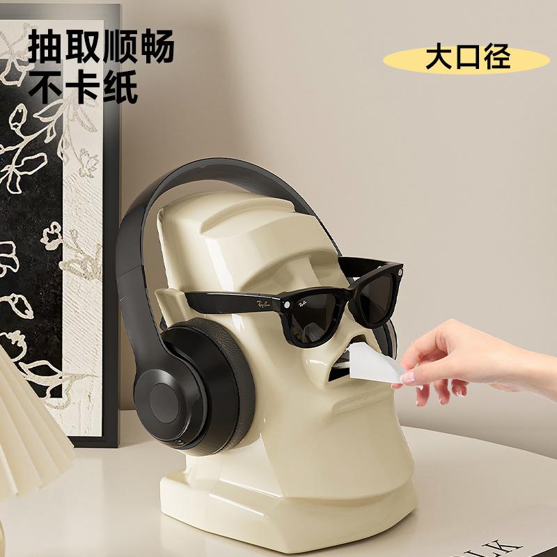Moai Stone Head Tissue Box Large Capacity Built In Spring Headphone Stand Sunglasses Holder For Home Bathroom Desktop