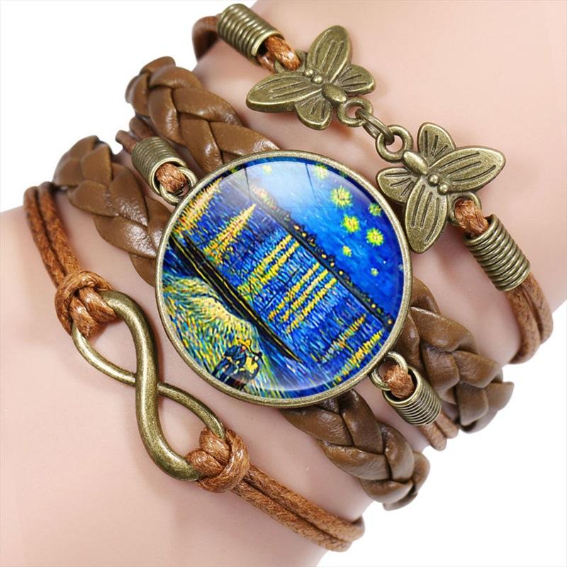 Vintage Handmade Leather Multi Layer Bracelet Butterfly Infinity Design Van Gogh Painting Crystal Bangle Jewelry Set