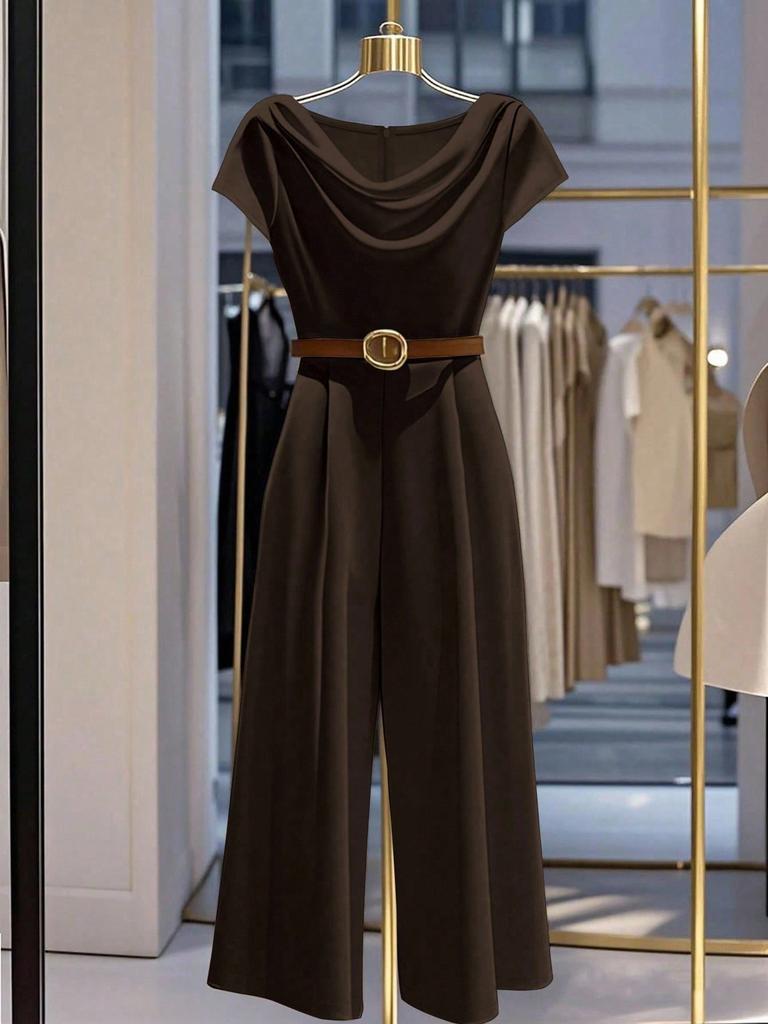 Elegant European and American Style Satin Jumpsuit with Pile Collar and Wide Legs for Women