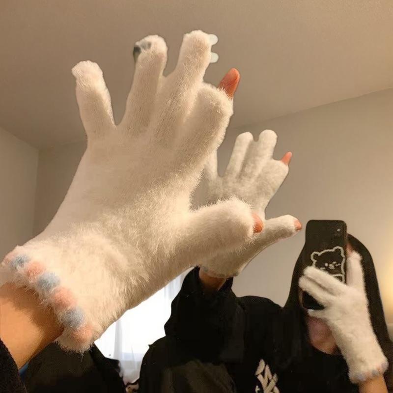 Cute Open Finger Touch Screen Plush Five Finger Gloves For Women In Winter, Warm And Thick Velvet For Cycling Students