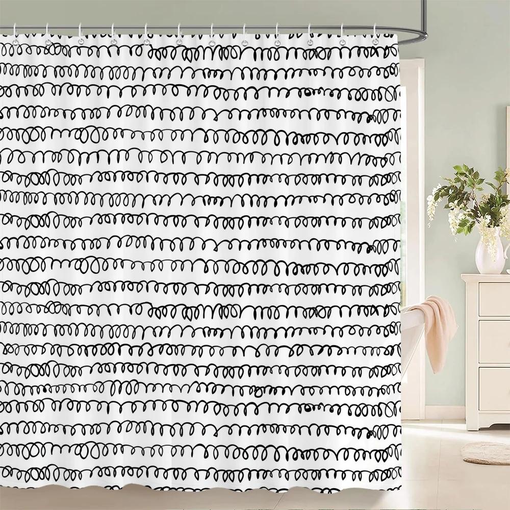 1 Pc Black White Geometric Print Polyester Shower Curtain Waterproof Fabric Partition Bathroom Curtain ,Decoration Bath Curtain