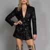 New Fashion Lady V-Neck Chic Blazer Jacket Double-Row Button Black Sequins Slim Fit Long Sleeve Top