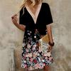 Damen Frühling/Sommer Printkleid Spitze V-Ausschnitt Loose Swing Kurzarm Mittellanges Kleid