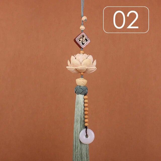 Chinese Style Lucky Fu Wooden Carved Lotus Buddha Statue Pendant Creative Gift Home Car Hanging Accessories Decor Auto Interior