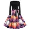 Women Vintage Halloween Print Long Sleeve Crew Neck Dress with Belt Retro Casual Fit and Flare Midi Dress for Holiday Party