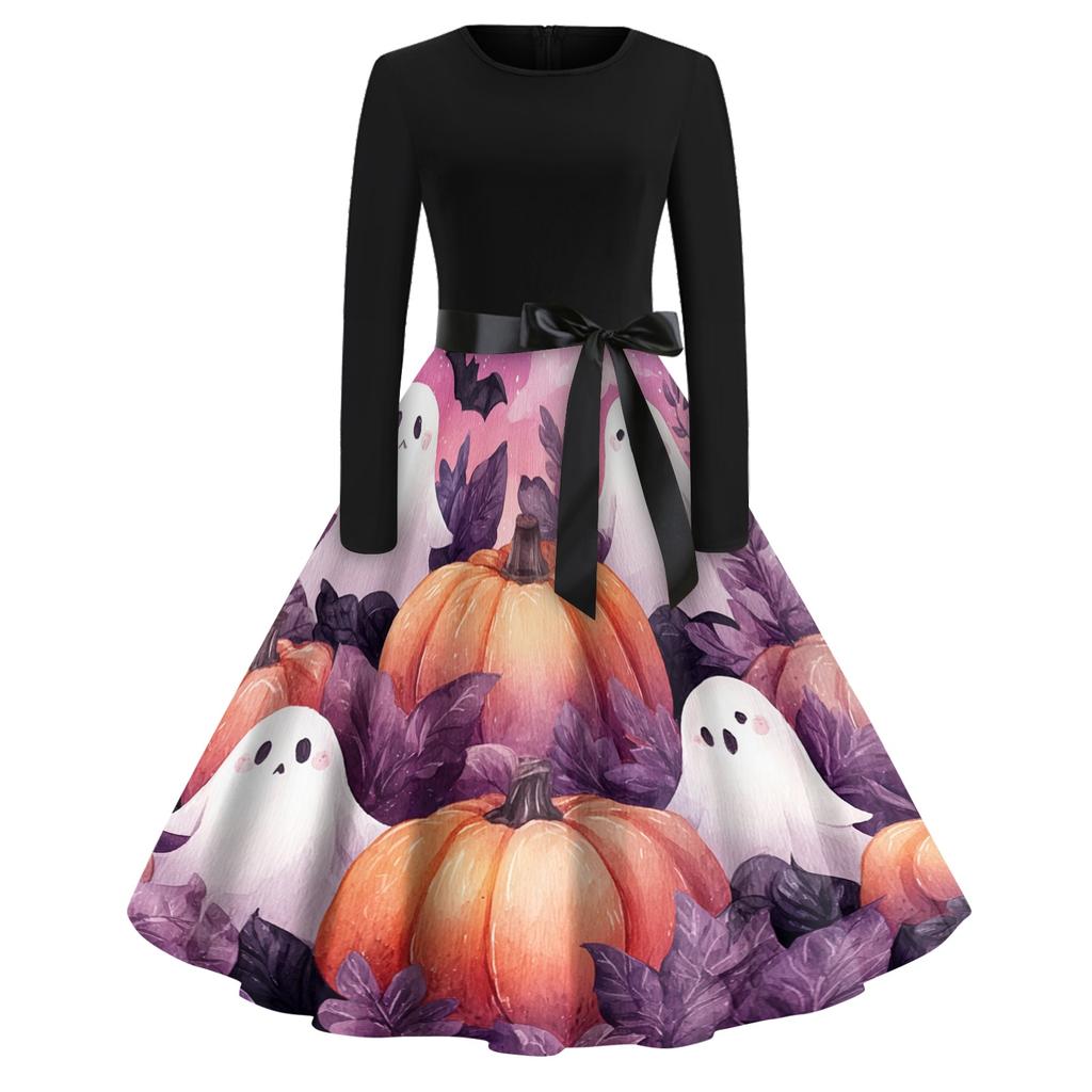 Women Vintage Halloween Print Long Sleeve Crew Neck Dress with Belt Retro Casual Fit and Flare Midi Dress for Holiday Party