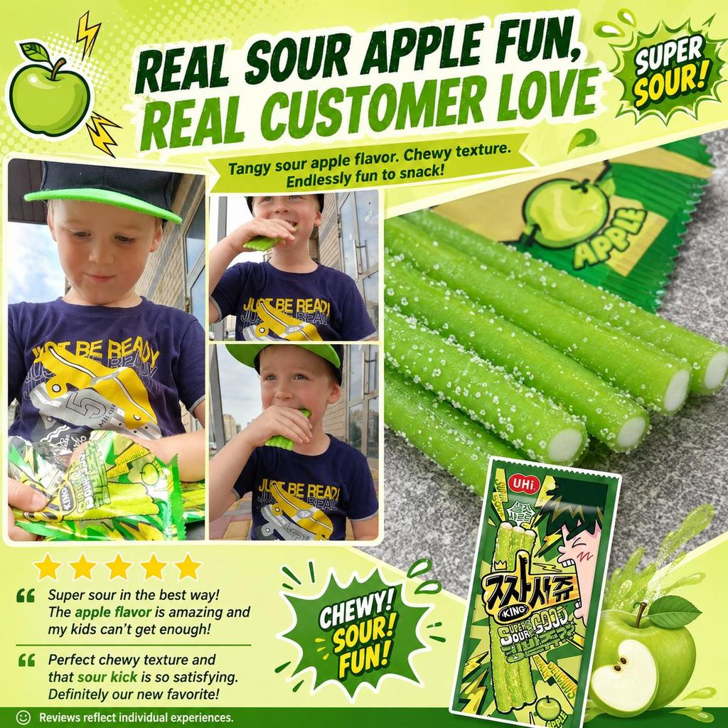 YEM Green Apple Sour Strip Gummy Candy 40g