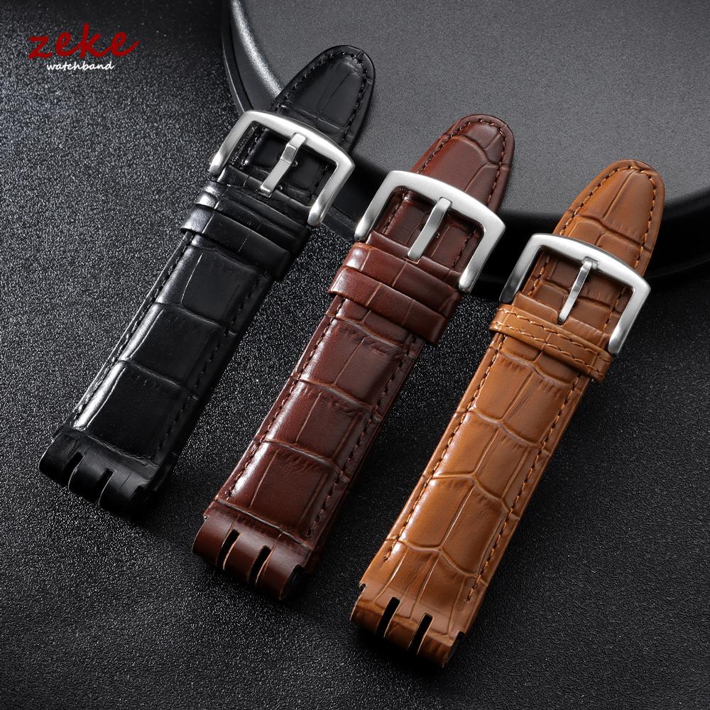 Matte Genuine Cowhide Watch Band for Swatch YOS440 449 401 447 Bamboo Embossed Leather Watch Strap for Men Business Wristband