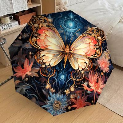 1pc Butterfly Floral Pattern Small Travel Compact Windproof Umbrella, Automatic Folding Umbrella, Automatic Open/Close ,Gift-128