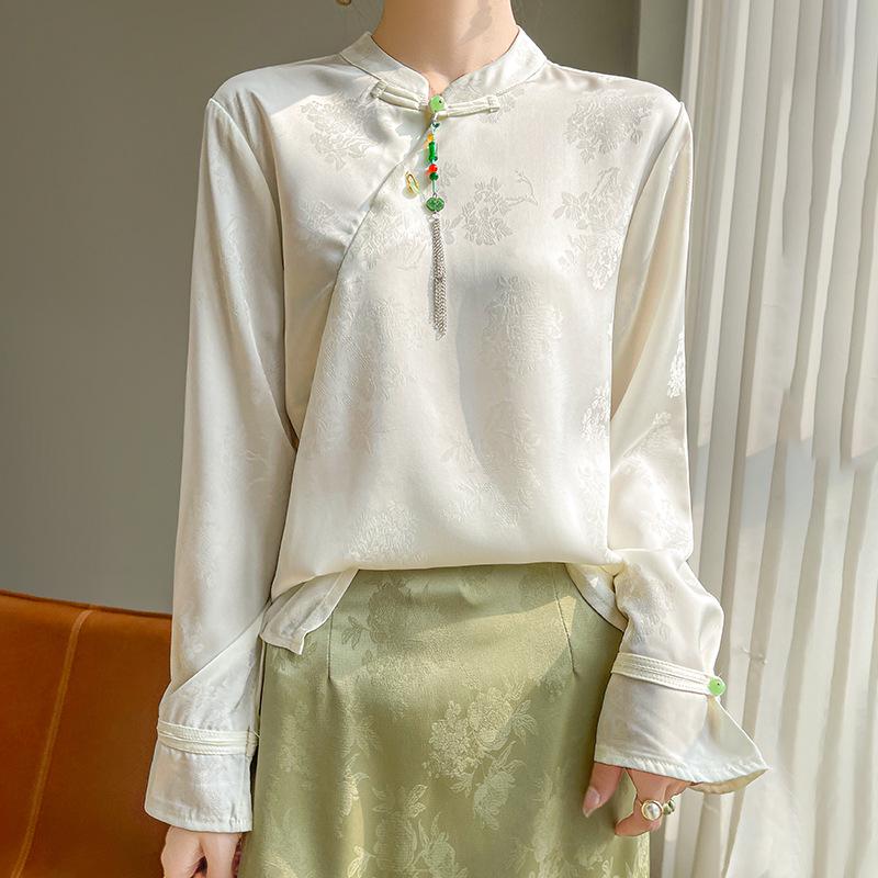 Silk Satin 2026 Spring/Summer Women's Floral Stand Collar Long Sleeve Top