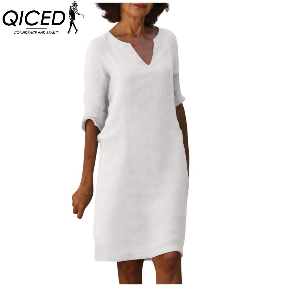 QICED Women Summer Solid Color Cotton Linen Retro V-Neck Short Sleeve Dress Lightweight Breathable Dress