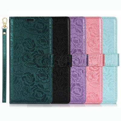 Flipové pouzdro PU kůže Embosované růžové květy Poutko na zápěstí Folio Sloty na karty Magnetický stojánek Ochranný kryt pro iPhone 16 15 14 13 12 Pro Max XR XS Max