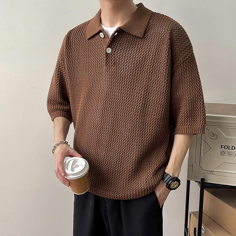 

Мужская летняя рубашка поло - ажурная вязка, короткий рукав, дышащая, стиль Old Money, высококачественная, воротник рубашки L кофейный