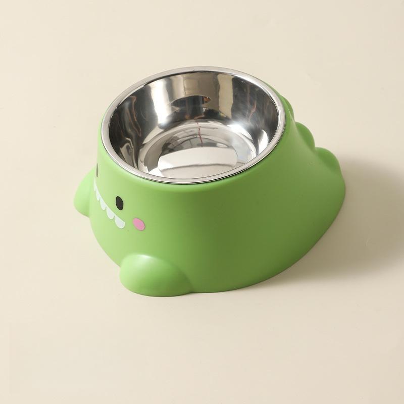 

Cartoon Dinosaur 15° Tilted Pet Bowl Elevated Stainless Steel Dish with Neck Support Fun & Cute Feeder for Cats & Puppy зелёный
