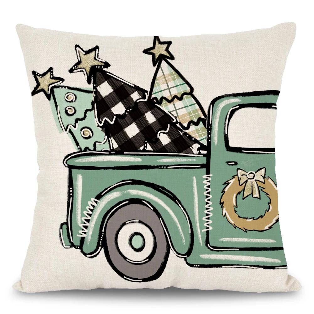 1pc Winter Green Christmas Pillowcase Hand Painted Plaid Truck Christmas Tree Cushion Cover For Sofa Farmhouse Home Decor
