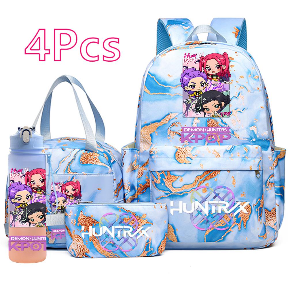 4Pcs/set Anime K-Pop Demon Hunters Printed Backpack Handbag Pencil Case with 750Ml Water Bottler for Teenager Boy Girl Large Capacity Schoolbag