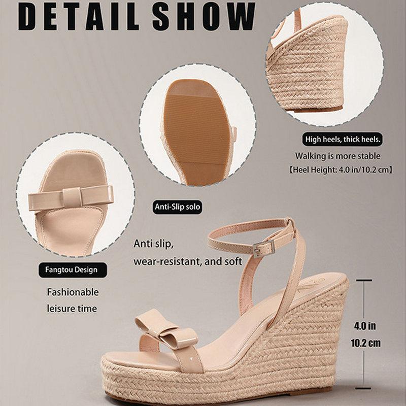 Fashion Hemp Rope Wedge Heel Bow Sandals, Summer Vacation Casual High-Heeled Flip-Flops, Platform High Heels