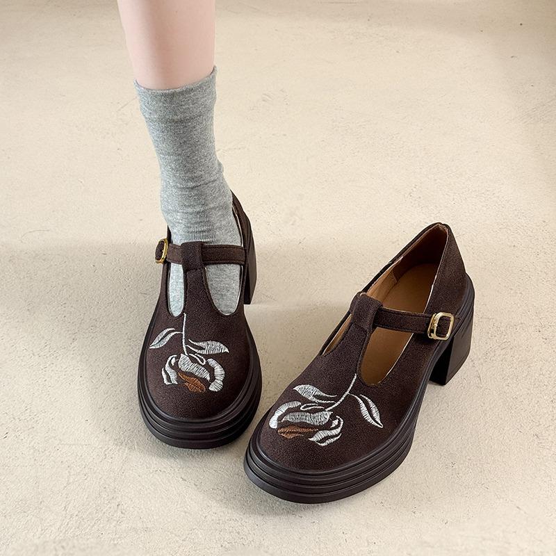 Fashion Mid Heels Women Chunky Shoes Embroidery Retro Sandals Summer Fad Heeled Loafer Shoes 2025 New Suede Casual Zapatillas De Mujer