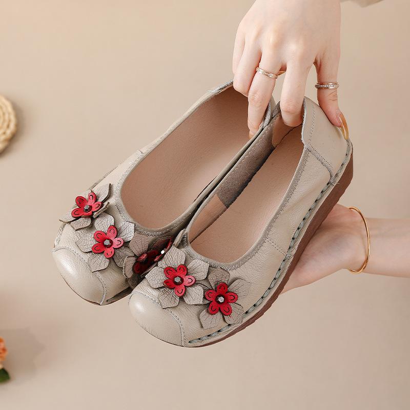 Shallow Single Shoes, Genuine Leather Women's Shoes, Shoe Flowers, One Pedal, Doudou Round Head Thick Sole, Spring and Autumn