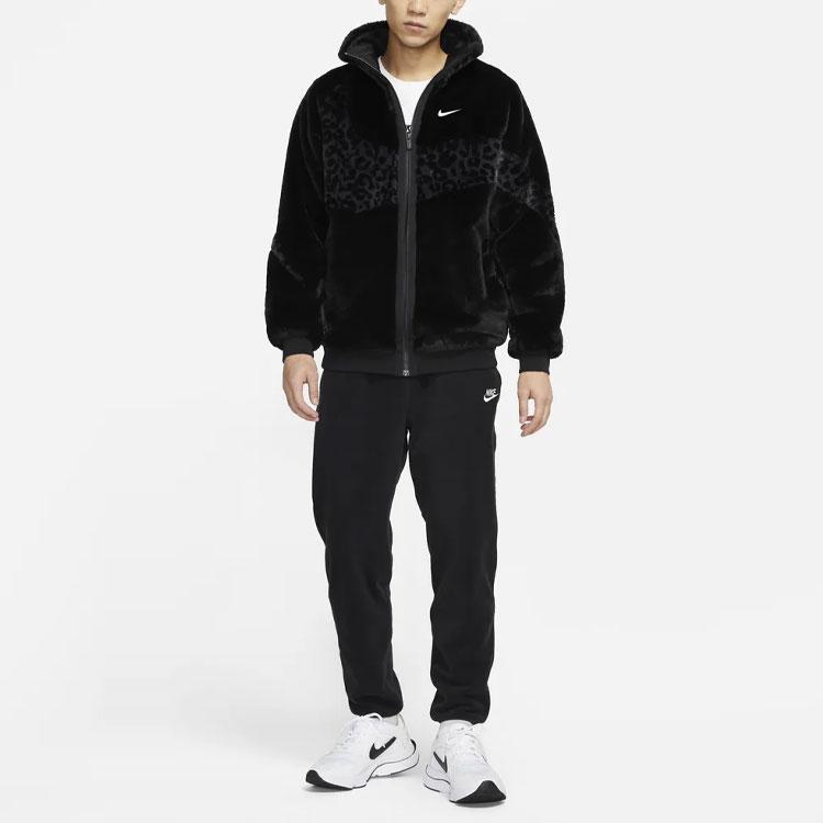 Nike Abbigliamento sportivo Swoosh Stampa Leopardo Logo Gancio Grande Velluto Faux Fur Giacca da Tuta Uomo Capispalla Nero DH6685-010