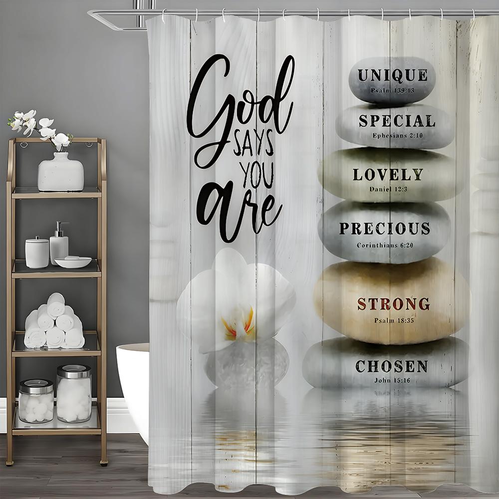 Bible Verse Shower Curtain, Zen Stone, Christian, Spa, Meditation, Relaxation, Asian Lotus, Fabric, Waterproof, Polyester, Water