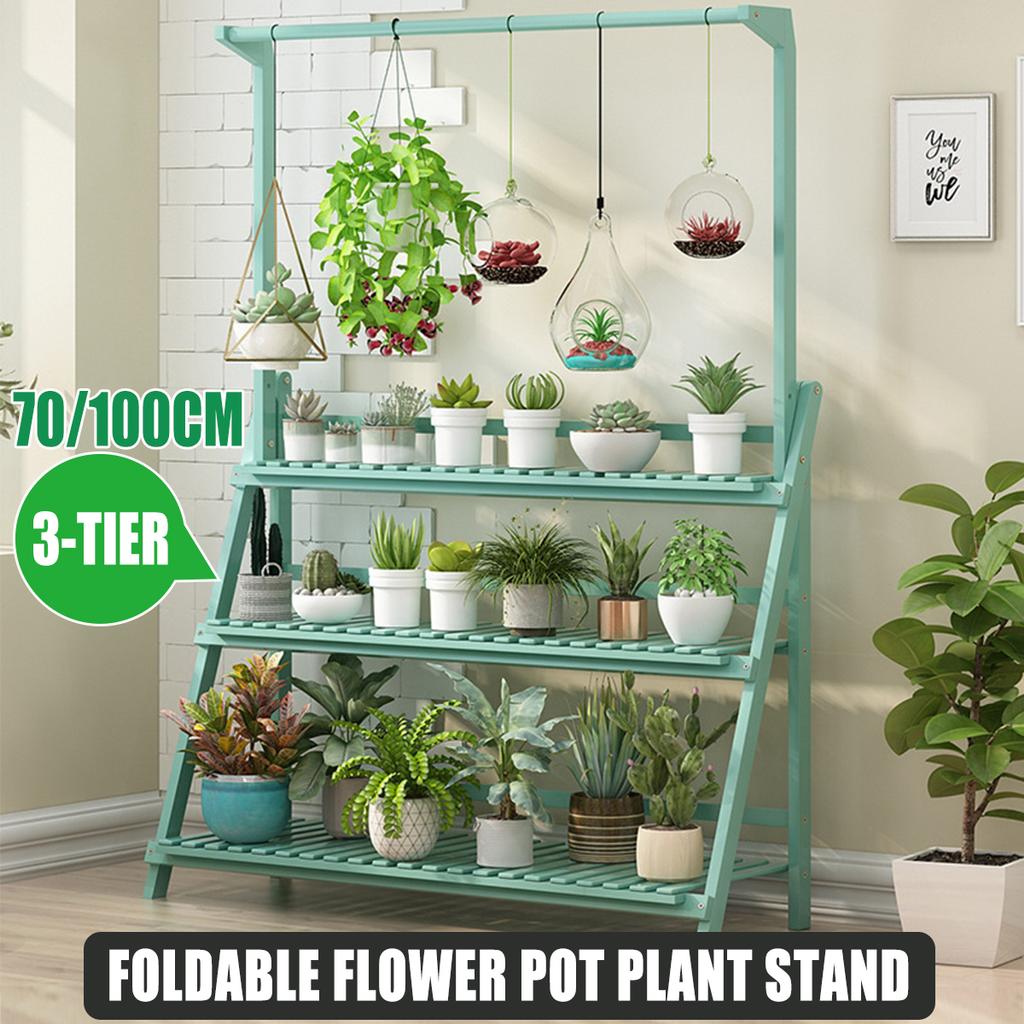 Support Plantes Déco Porte Plante Suspendu Bambou UNHO - Étagère 3 Niveaux Pliable 100cm Jardin Balcon Porte Plante Pliable Balcon