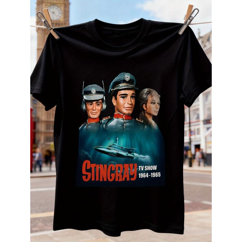 Men's Stingray 1960s Retro TV Show T-Shirt - Vintage Spy Thriller Puppet Series Tee with Stingray & Characters Print, Collectible Short Sleeve Round