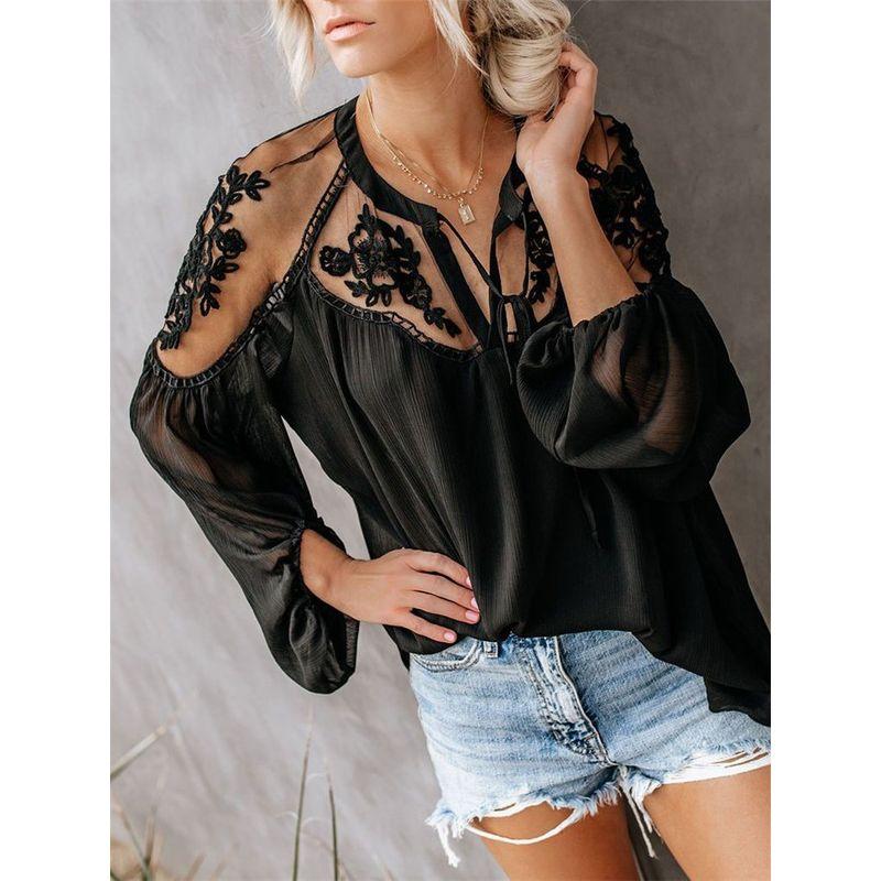 2019 Summer Women Blouse Casual Lady V Neck Lace Blouse Tops